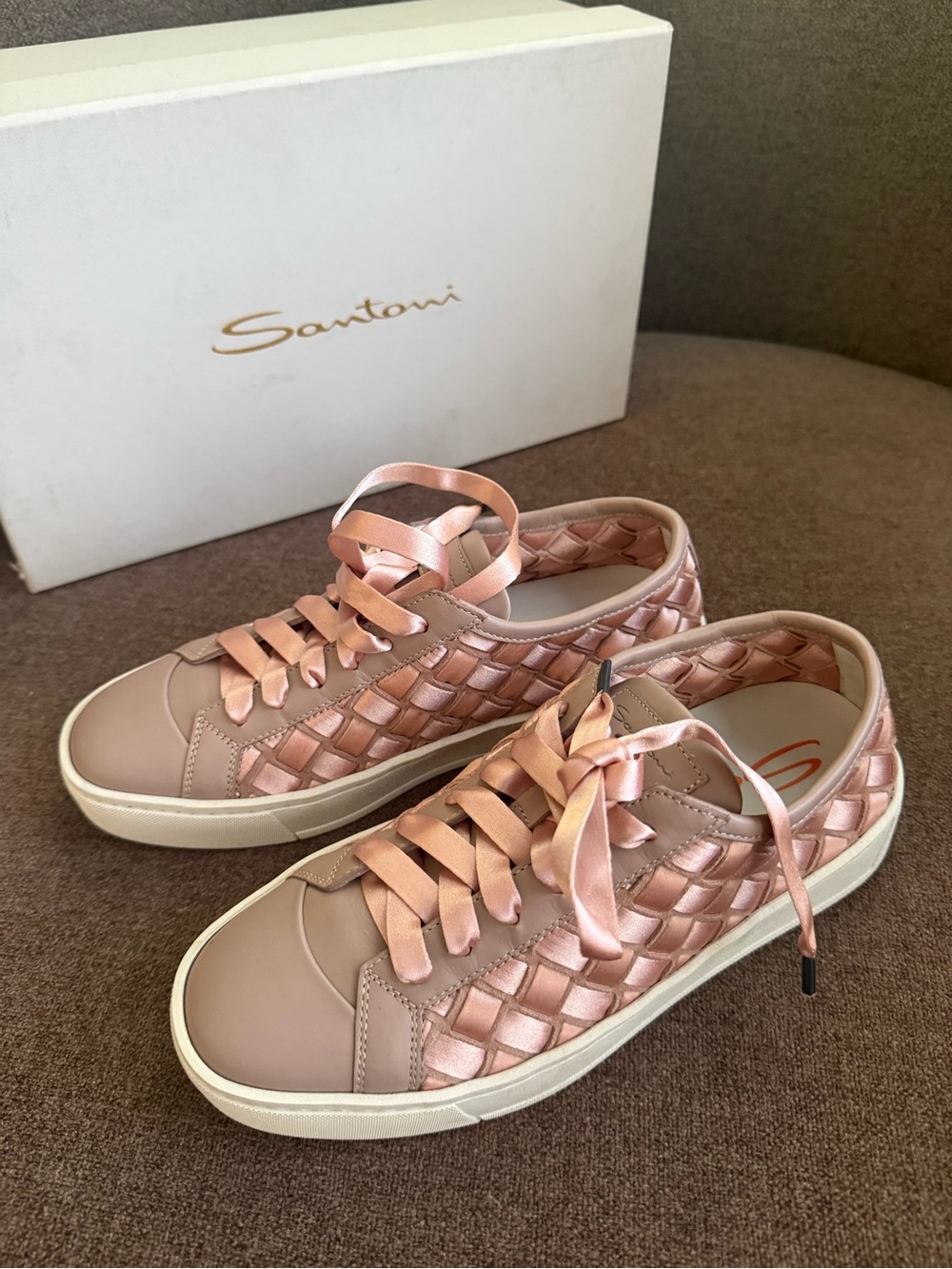 Santoni Pink Woven Satin Low-Top Sneakers EU 35.5